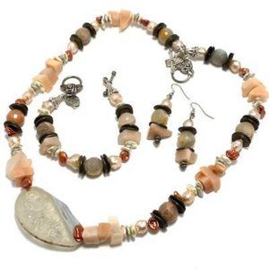 Handmade Jewelry Set by Surdigirl - Slice Druzy Agate Peach Agate